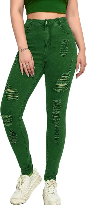 Andongnywell Ripped Jeans for Women High Rise Slim Fit Sexy Skinny Jeans Jegging Stretch Distressed Denim Pants Trousers