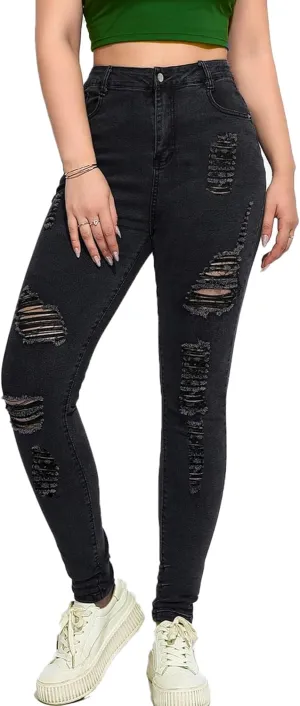 Andongnywell Ripped Jeans for Women High Rise Slim Fit Sexy Skinny Jeans Jegging Stretch Distressed Denim Pants Trousers