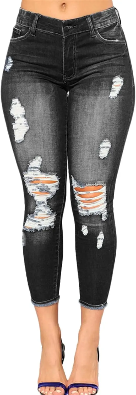 Andongnywell Skinny Jeans Women with Holes Butt Lift Ripped Jegging Jeans High Waisted Stretch Sexy Distressed Denim Pants