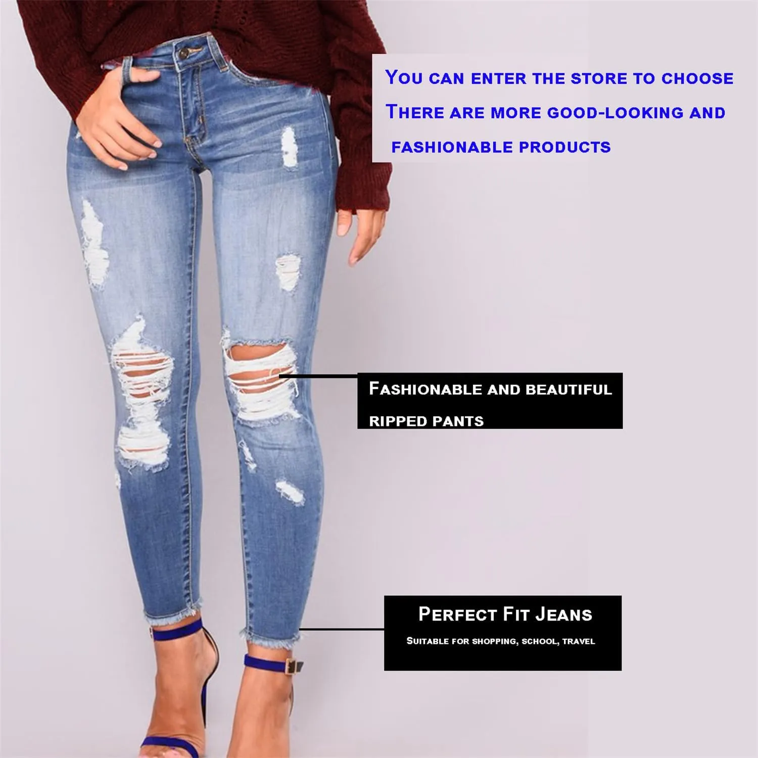 Andongnywell Skinny Jeans Women with Holes Butt Lift Ripped Jegging Jeans High Waisted Stretch Sexy Distressed Denim Pants