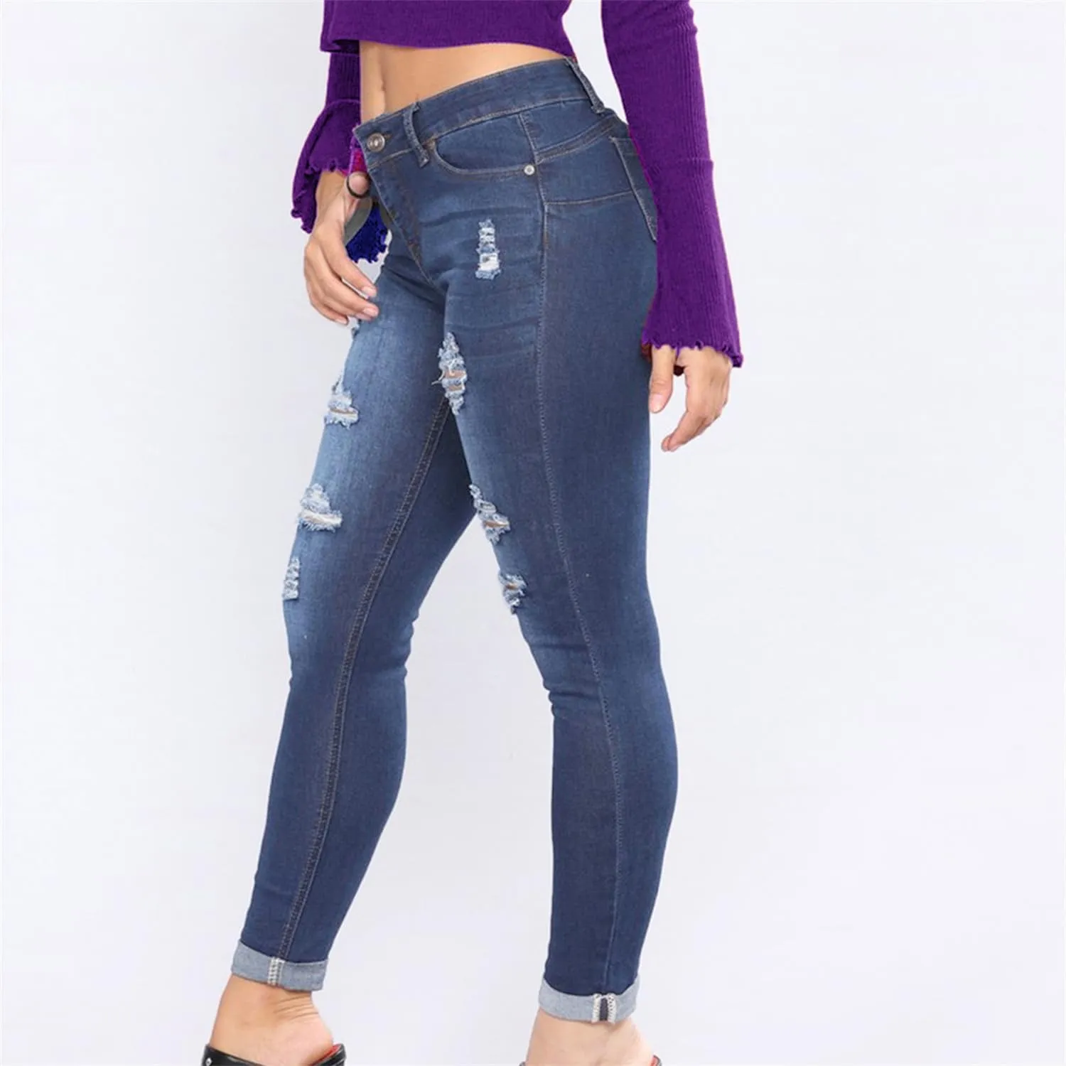 Andongnywell Women High Waist Stretch Ripped Jeans Distressed Denim Pants Butt Lift Sexy Legging Trousers Skinny Jeans
