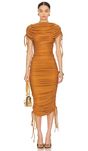 Andrea Iyamah Ratu Midi Dress in Cognac