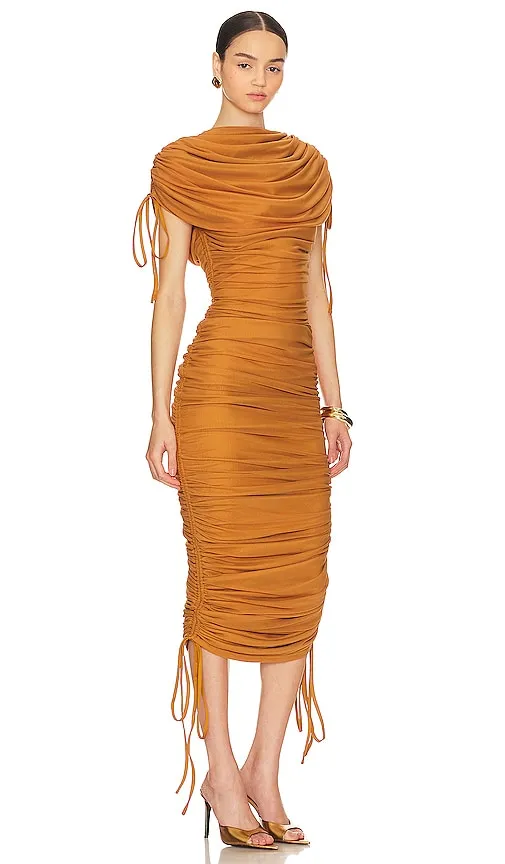 Andrea Iyamah Ratu Midi Dress in Cognac