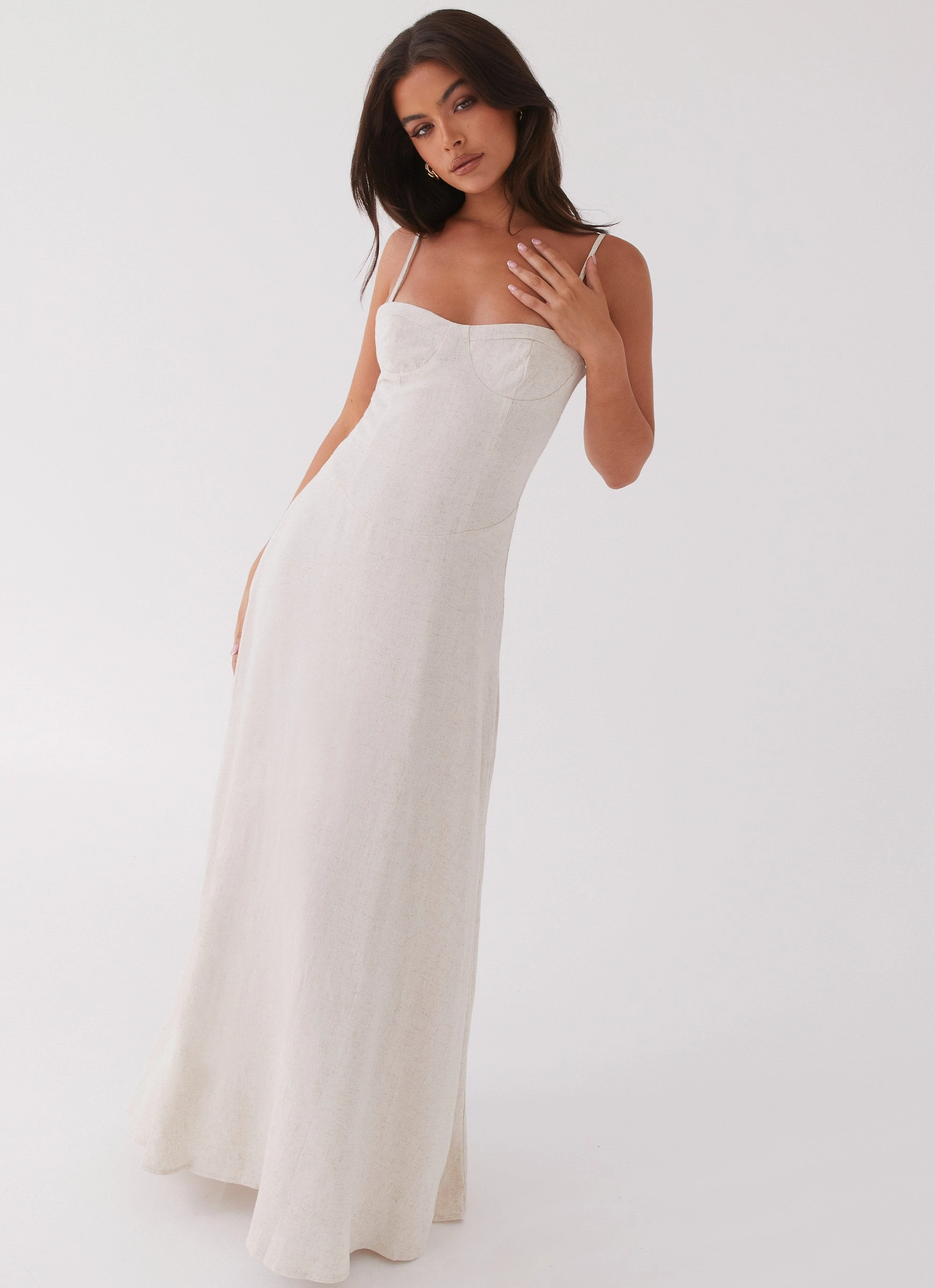 Angelina Linen Maxi Dress - Oatmeal Flattering Comfort Wear Scandi Clean