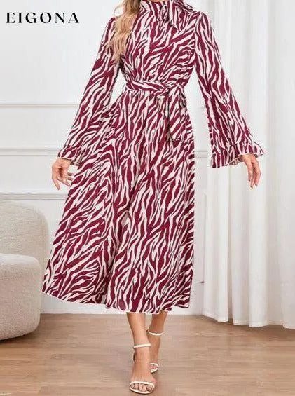 Animal Print Tie Front Ruffle Trim Long Sleeve Casual Maxi Midi Dress