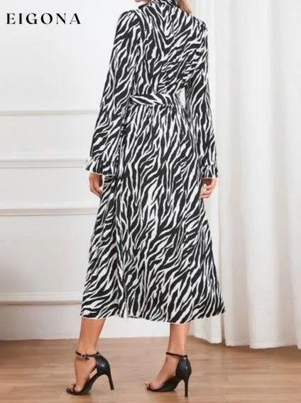 Animal Print Tie Front Ruffle Trim Long Sleeve Casual Maxi Midi Dress