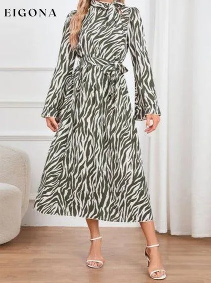 Animal Print Tie Front Ruffle Trim Long Sleeve Casual Maxi Midi Dress