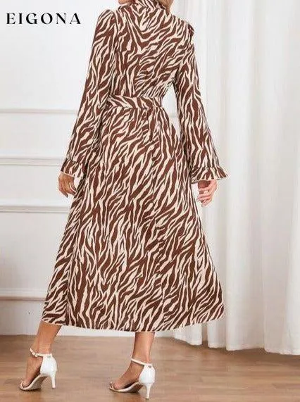 Animal Print Tie Front Ruffle Trim Long Sleeve Casual Maxi Midi Dress