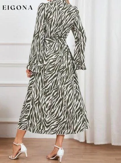 Animal Print Tie Front Ruffle Trim Long Sleeve Casual Maxi Midi Dress