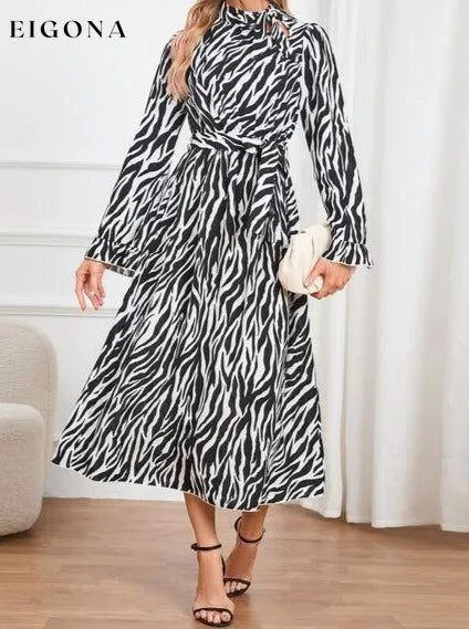 Animal Print Tie Front Ruffle Trim Long Sleeve Casual Maxi Midi Dress