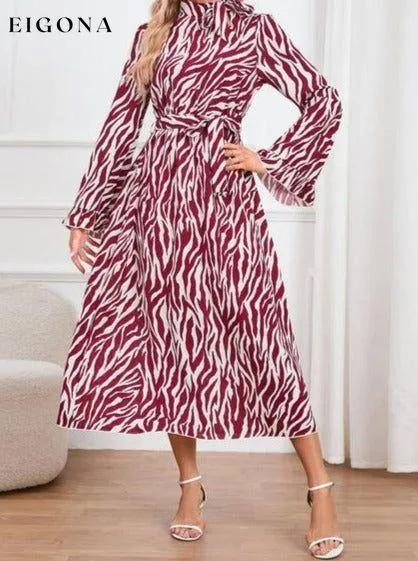 Animal Print Tie Front Ruffle Trim Long Sleeve Casual Maxi Midi Dress