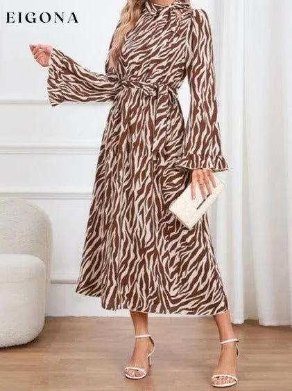 Animal Print Tie Front Ruffle Trim Long Sleeve Casual Maxi Midi Dress