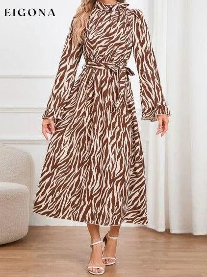 Animal Print Tie Front Ruffle Trim Long Sleeve Casual Maxi Midi Dress