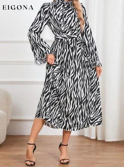 Animal Print Tie Front Ruffle Trim Long Sleeve Casual Maxi Midi Dress