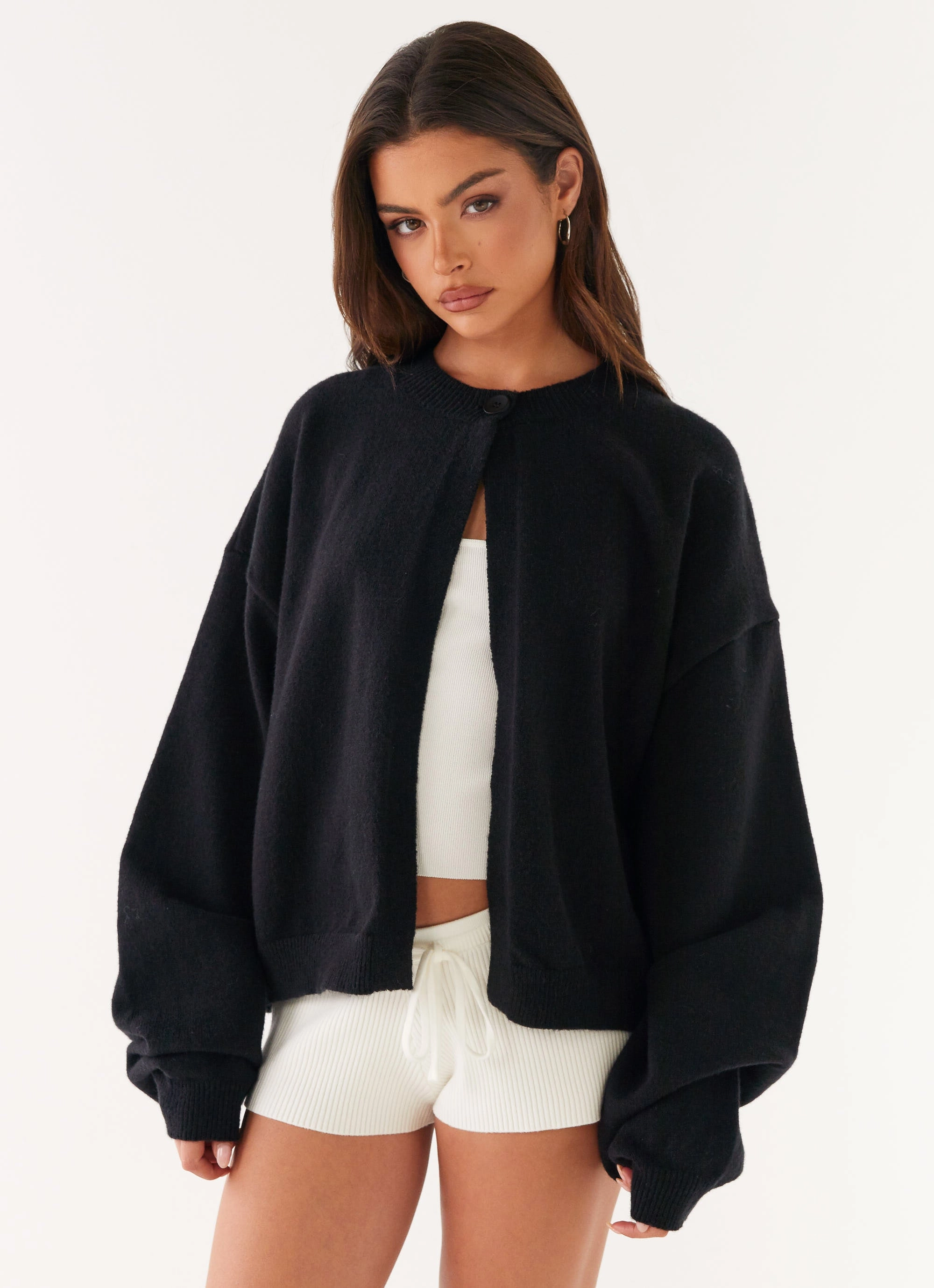 Heat Tech Fabric Annie One Button Cardigan - Black