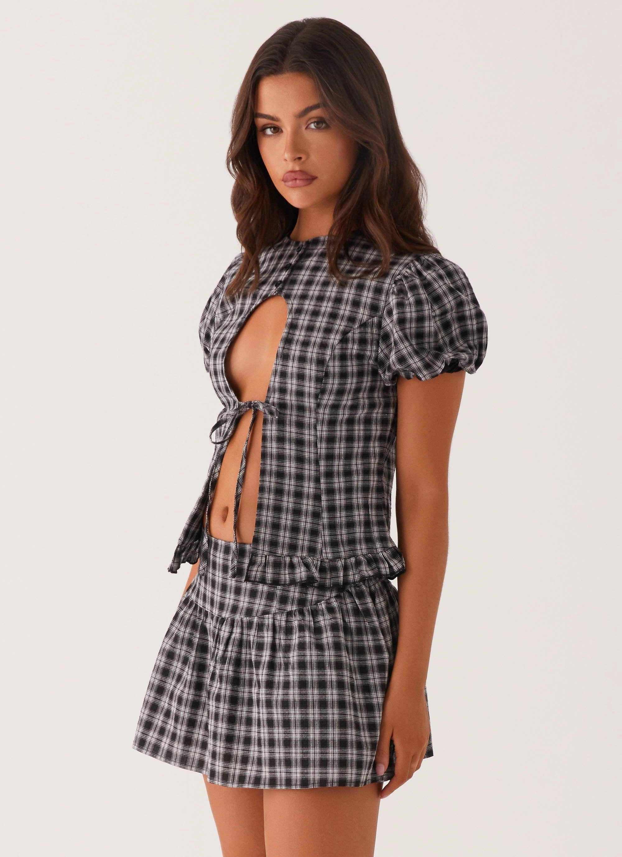 Annie Puff Sleeve Top - White Black Check NonChafeCollarTech