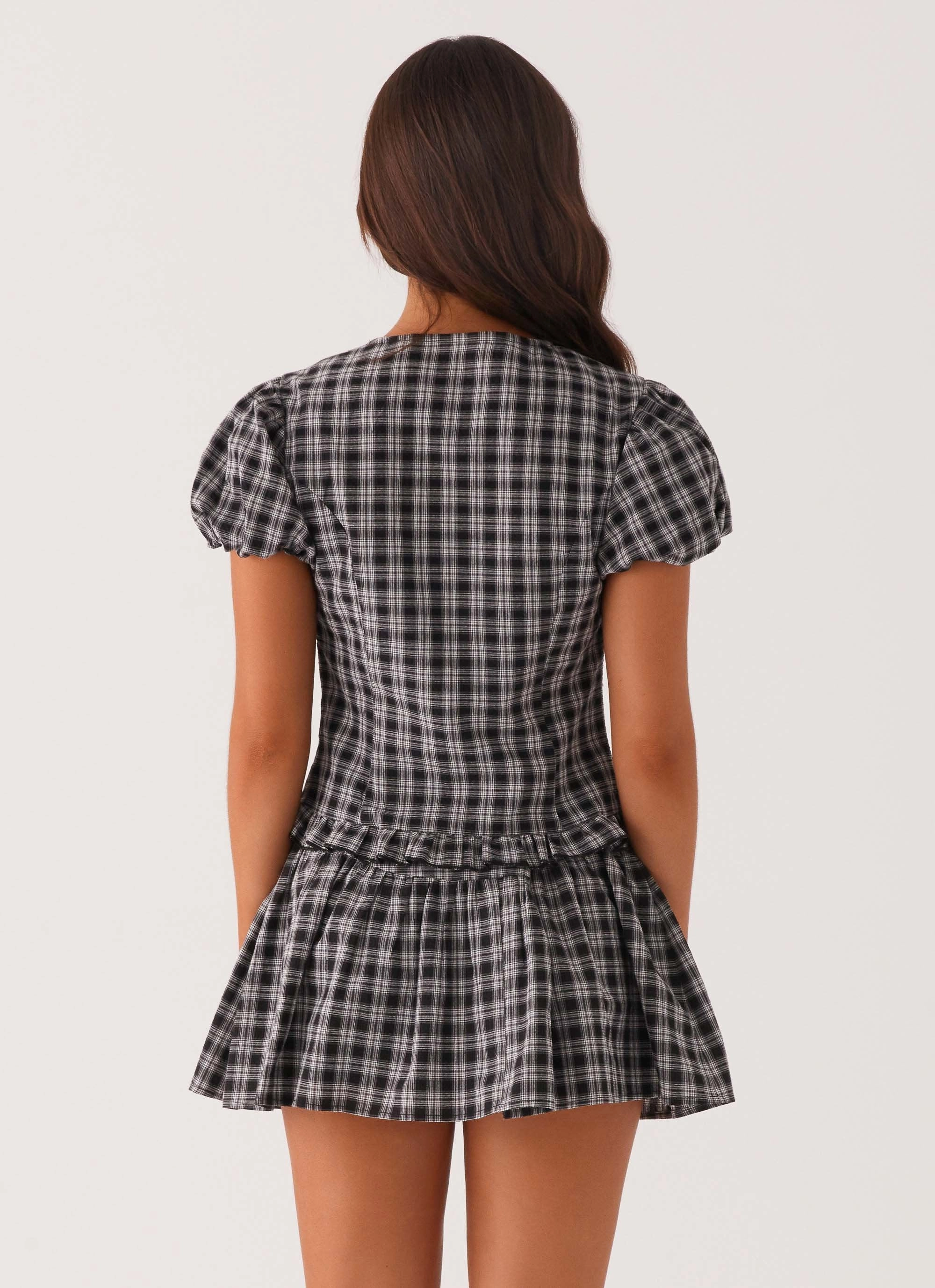 Adjustable Fit System DoubleLayeredFabric Annie Puff Sleeve Top - White Black Check