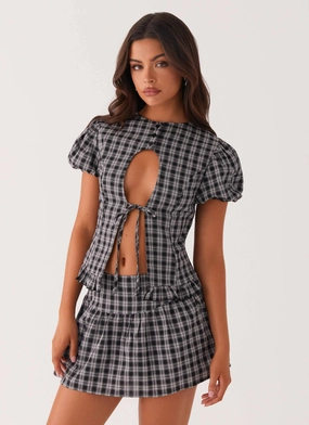 Convertible Neckline Annie Puff Sleeve Top - White Black Check