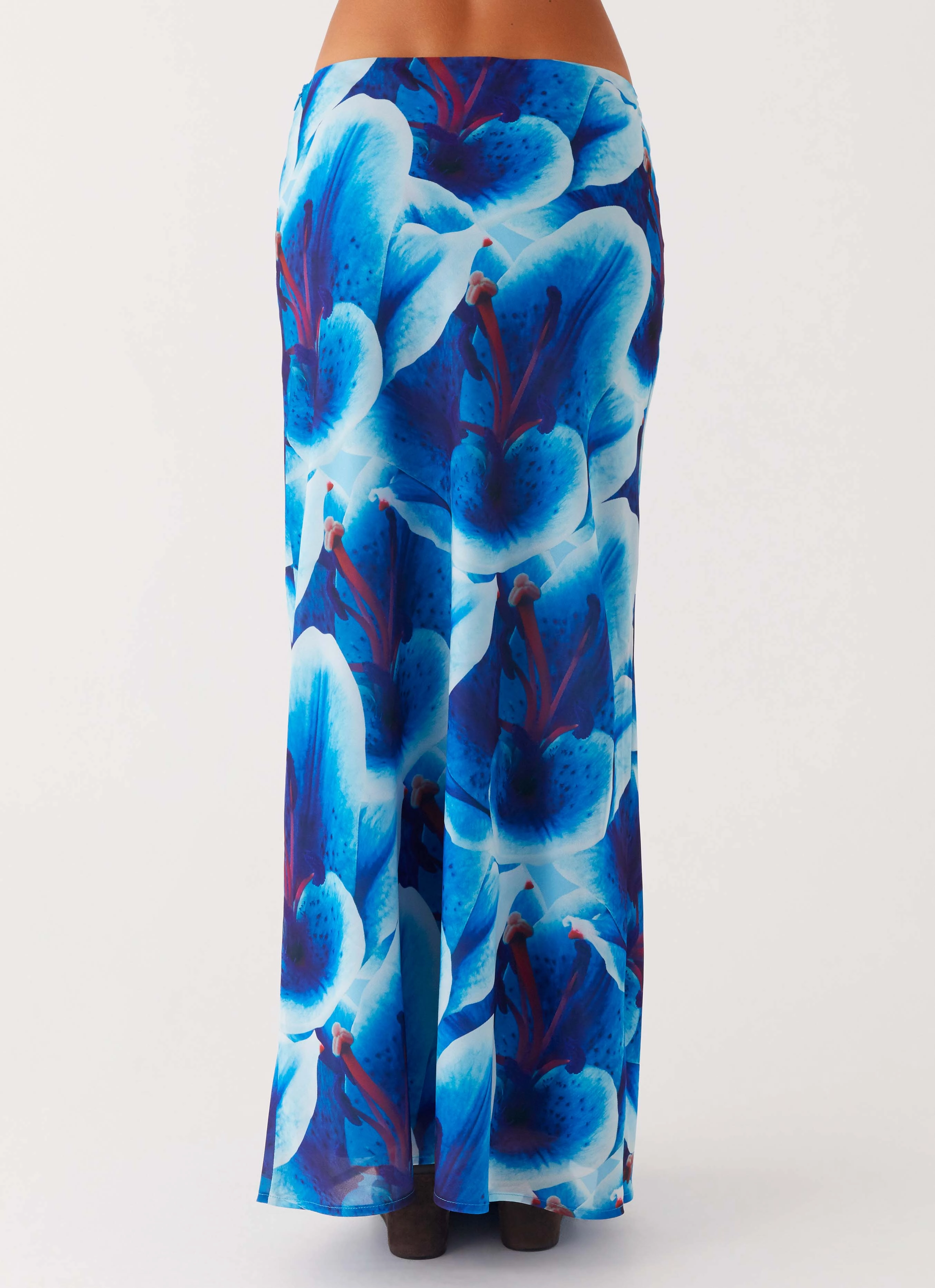 Another Life Chiffon Maxi Skirt - Turquoise Floral Comfort Waist Cozy Stretch Fit