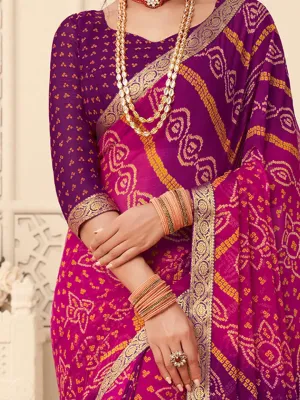 Anouk Pink & Purple Bandhani Printed Zari Pure Chiffon Bandhani Saree