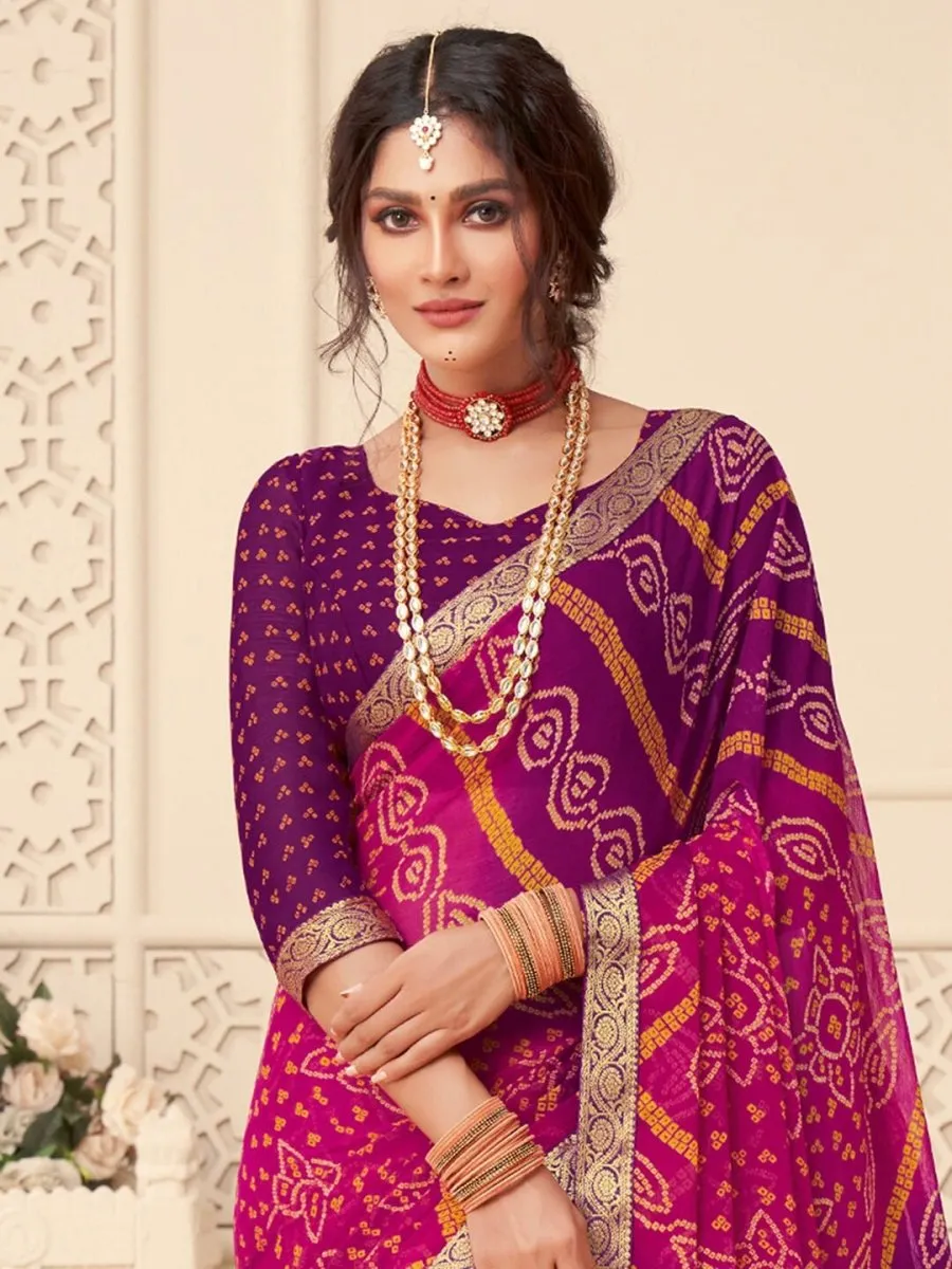 Anouk Pink & Purple Bandhani Printed Zari Pure Chiffon Bandhani Saree