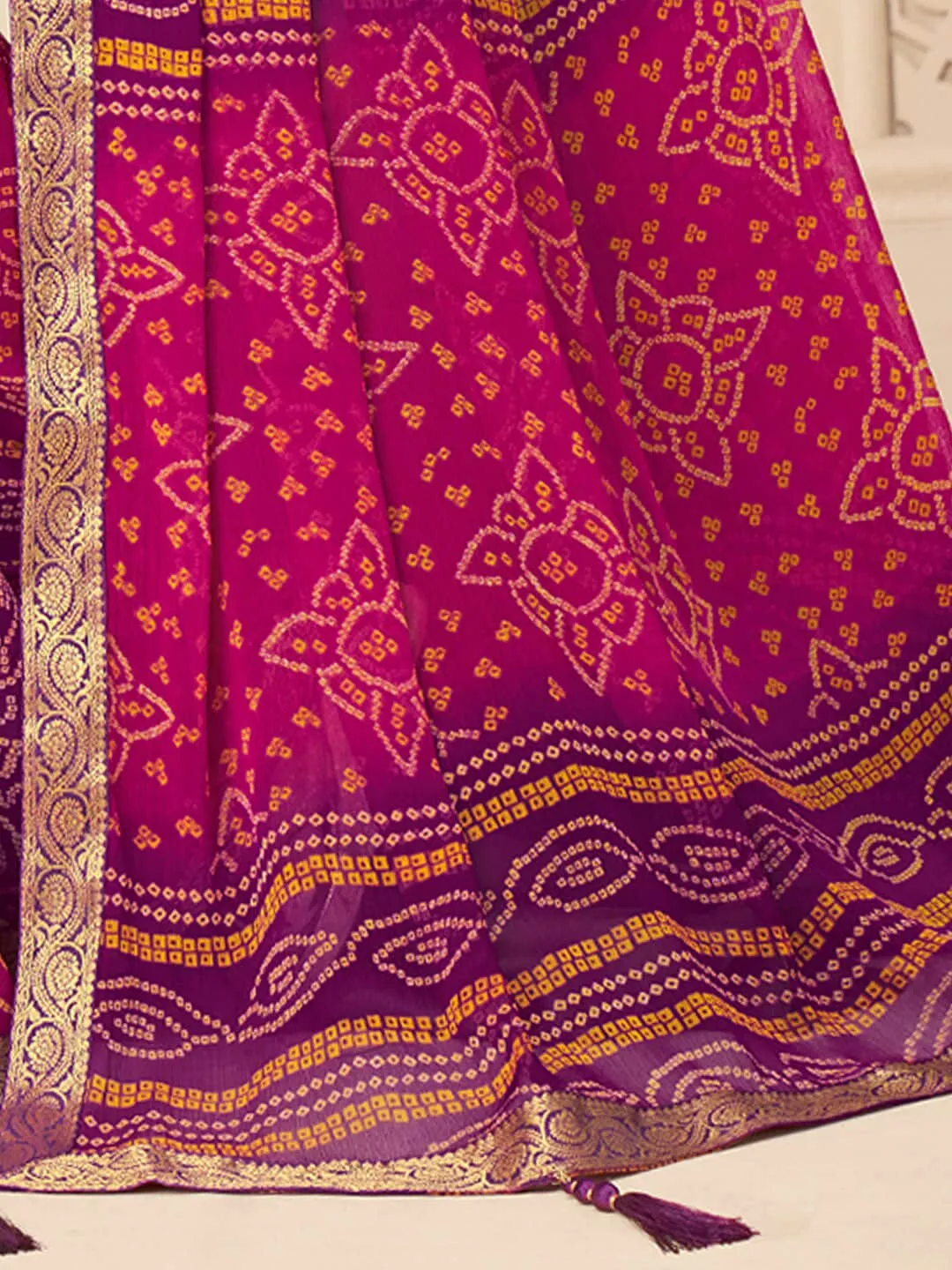 Anouk Pink & Purple Bandhani Printed Zari Pure Chiffon Bandhani Saree