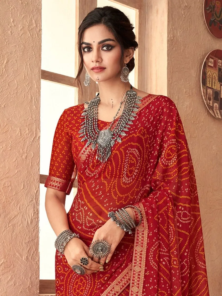Anouk Red Bandhani Zari Pure Chiffon Bandhani Saree