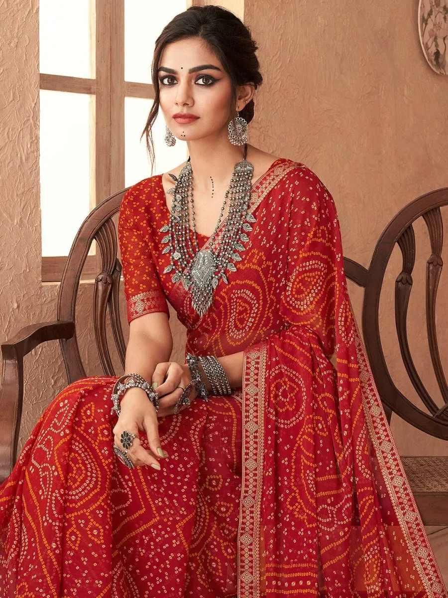 Anouk Red Bandhani Zari Pure Chiffon Bandhani Saree