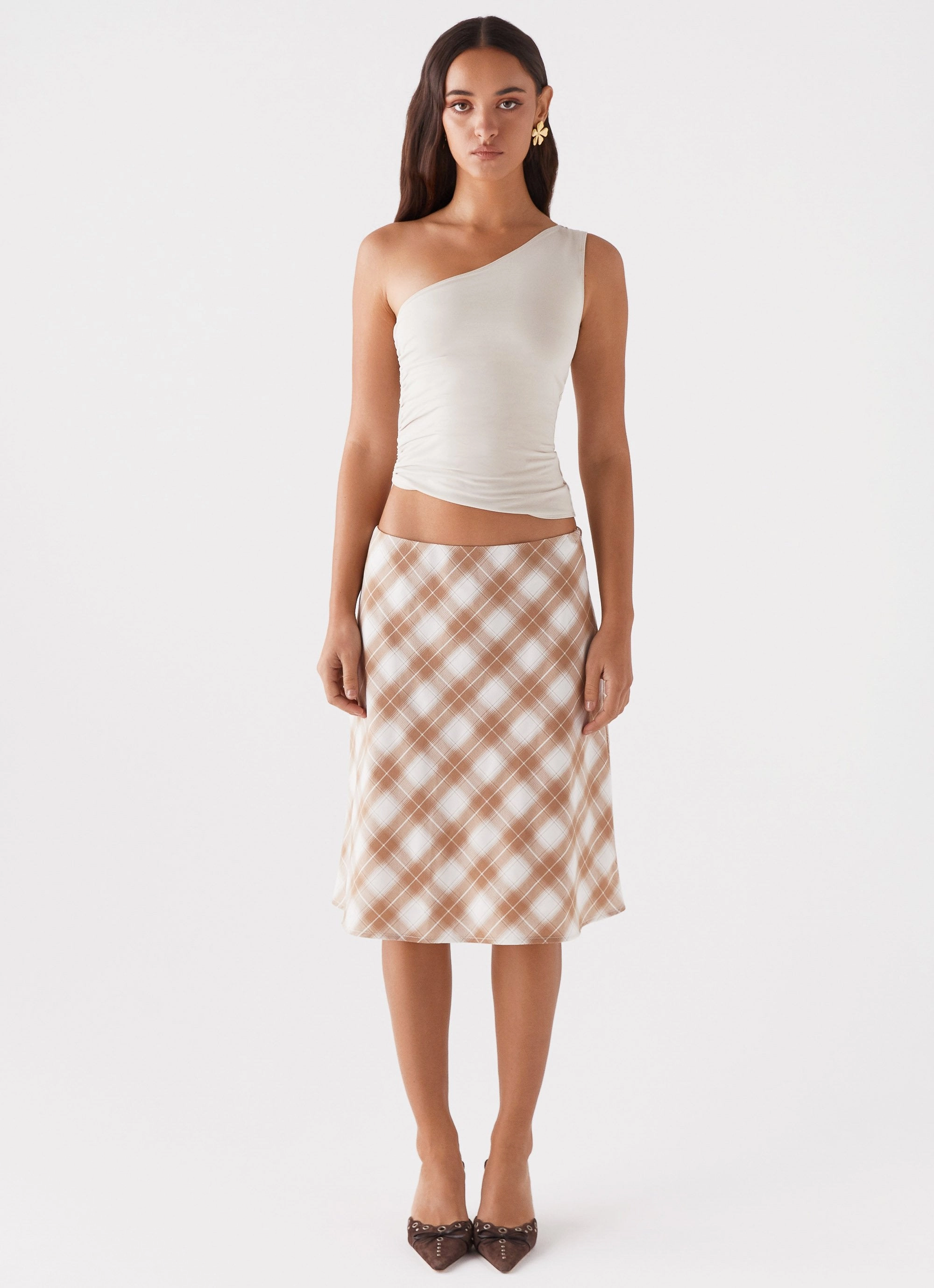 Andie Midi Skirt - Brown/White Plaid Durable Twill Flattering Style