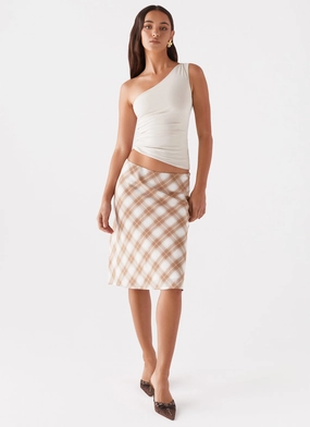 Andie Midi Skirt - Brown/White Plaid Wardrobe Essential