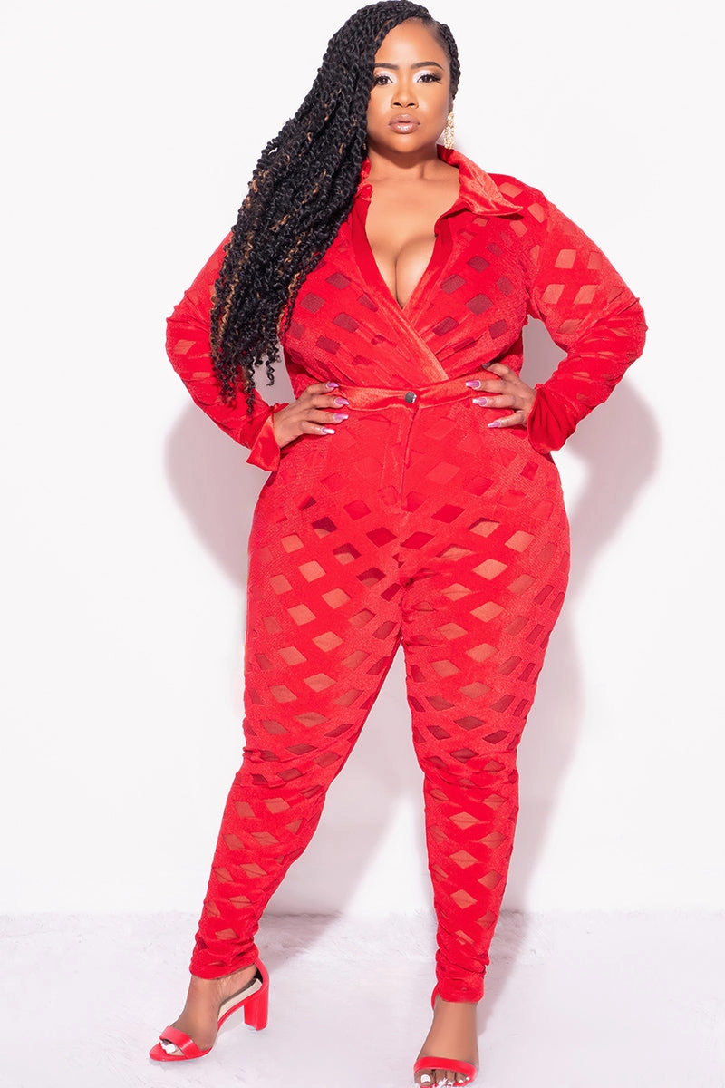 Final Sale Plus Size 2Pc Velvet Pants & Long Sleeve Bodysuit in Red All Occasion