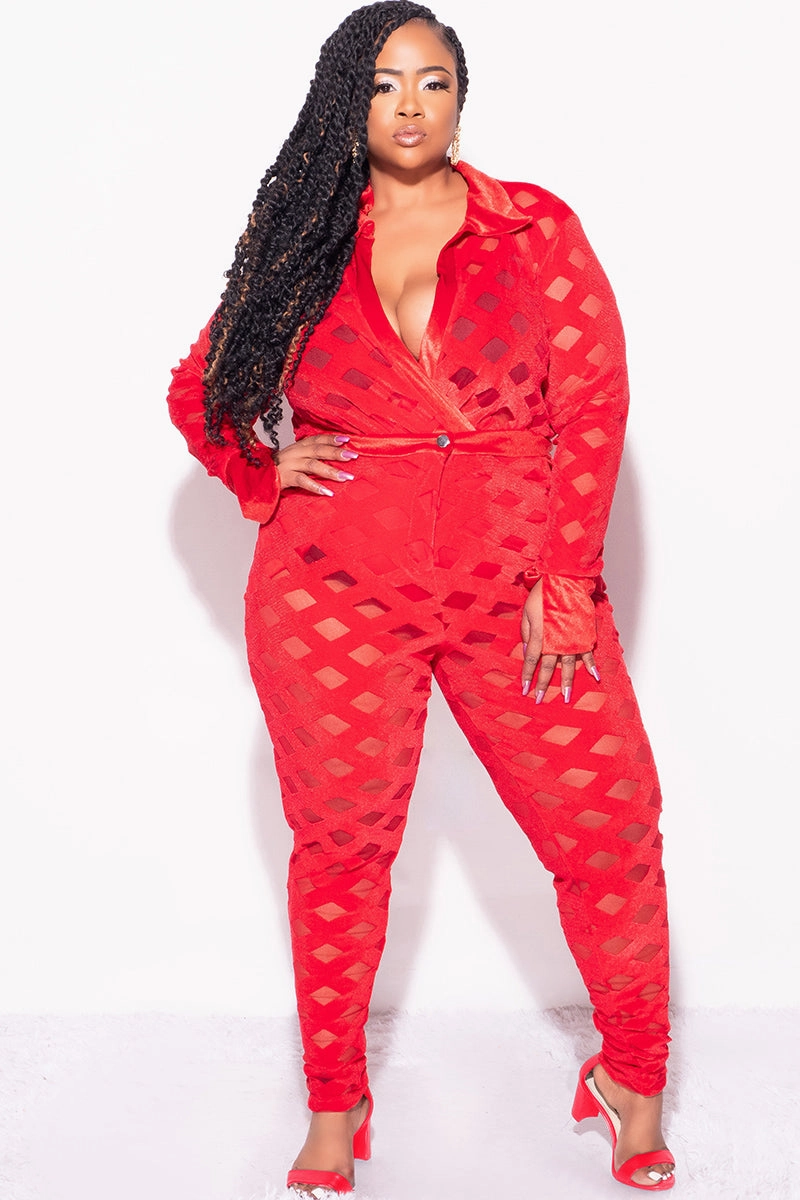 Final Sale Plus Size 2Pc Velvet Pants & Long Sleeve Bodysuit in Red Ripstop Fabric Technology