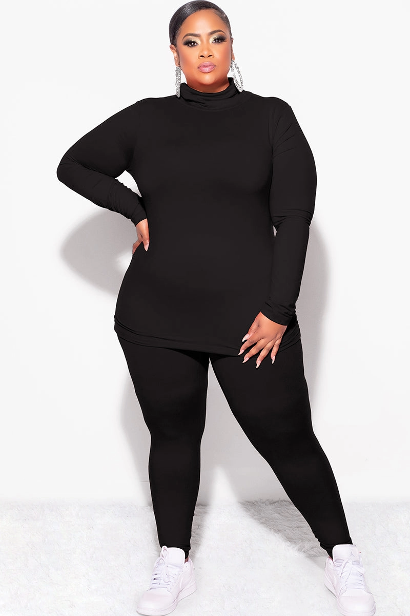 Final Sale Plus Size 2pc Set Turtleneck & Legging in Black High Waist Stretch DoubleLayeredHem