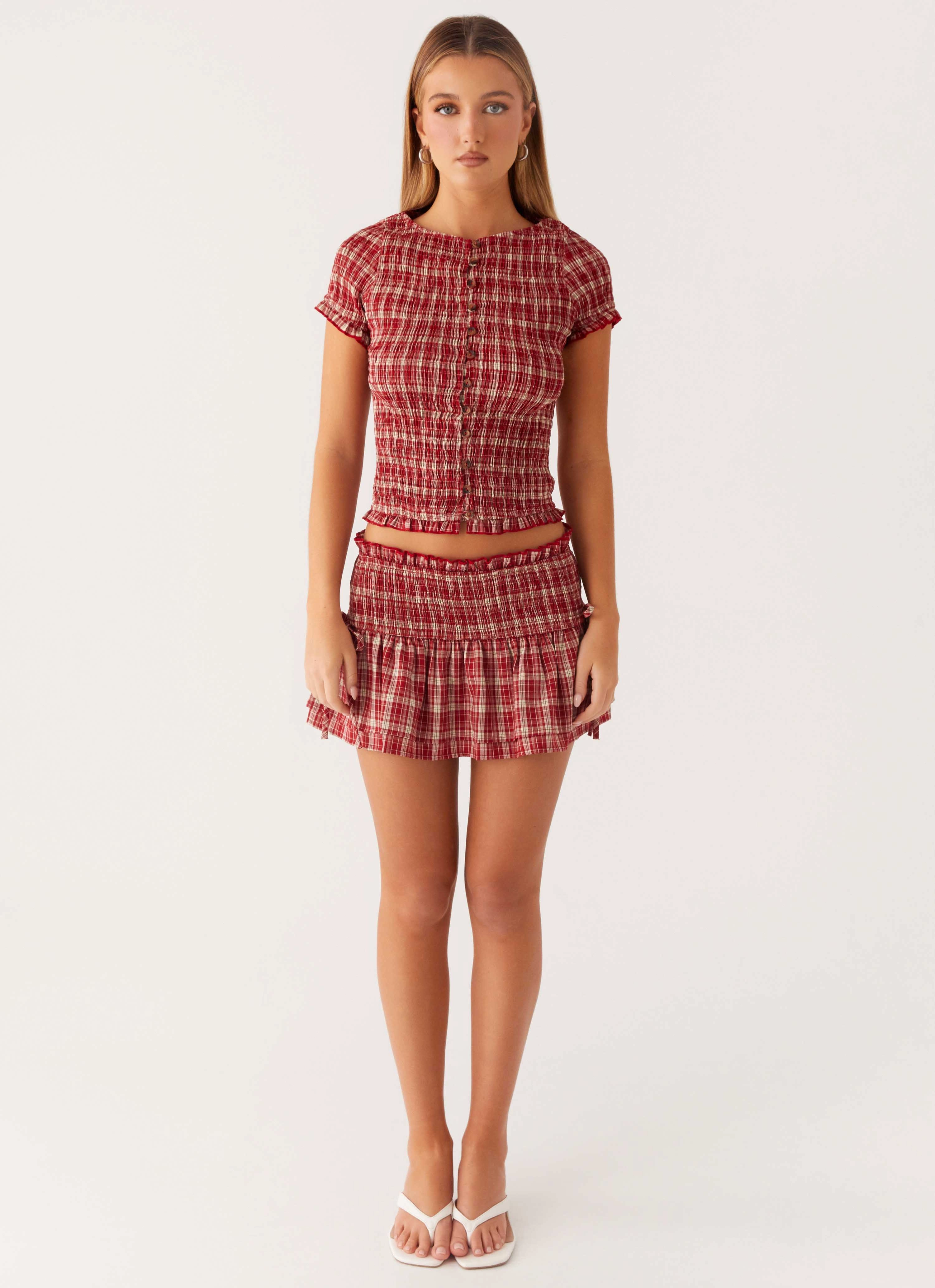 Urban Look Wrinkle Free Fabric Lenore Mini Skirt - Ruby Check