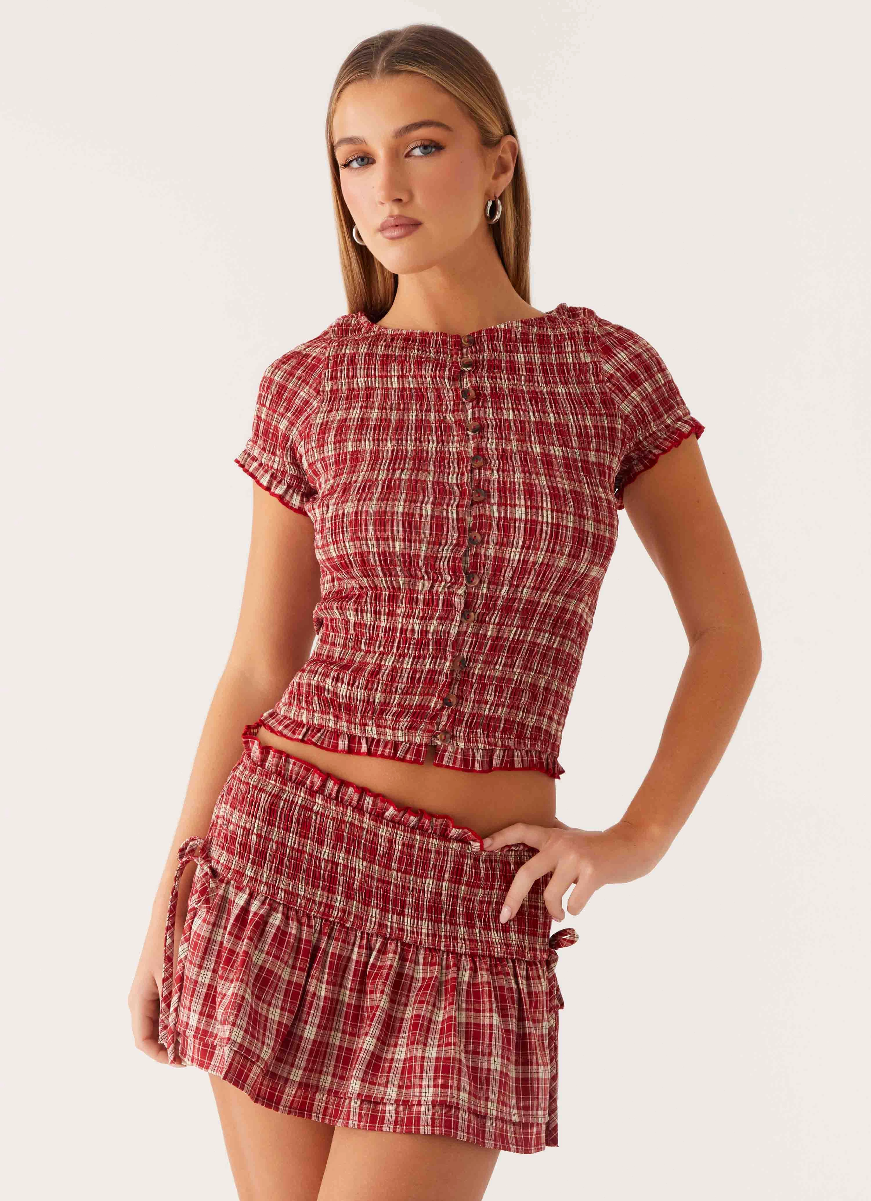 Soft and Cozy Abrasion Resistant Fabric Lenore Mini Skirt - Ruby Check