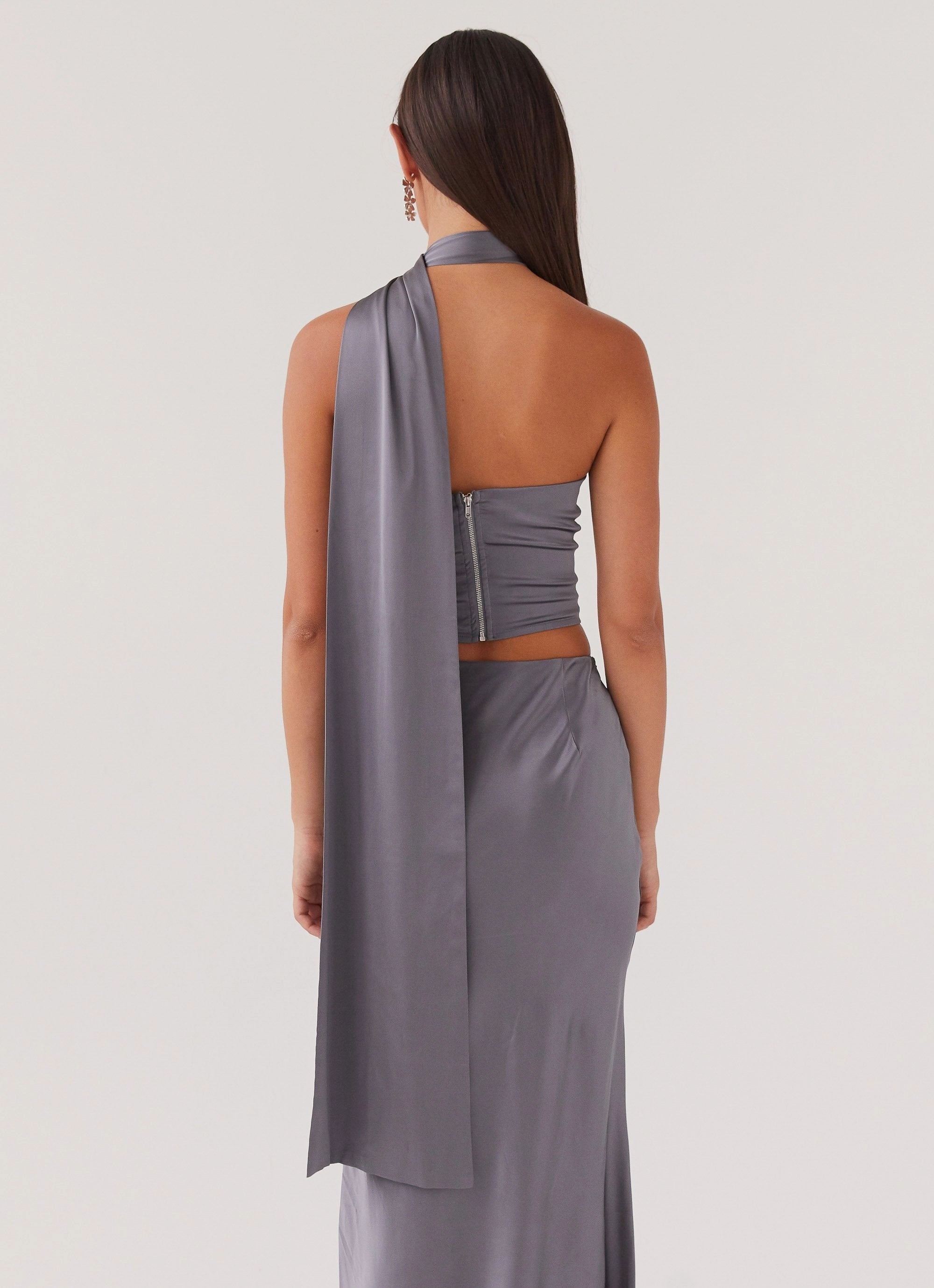 Josefina Satin Scarf Top - Slate Minimalist Collar
