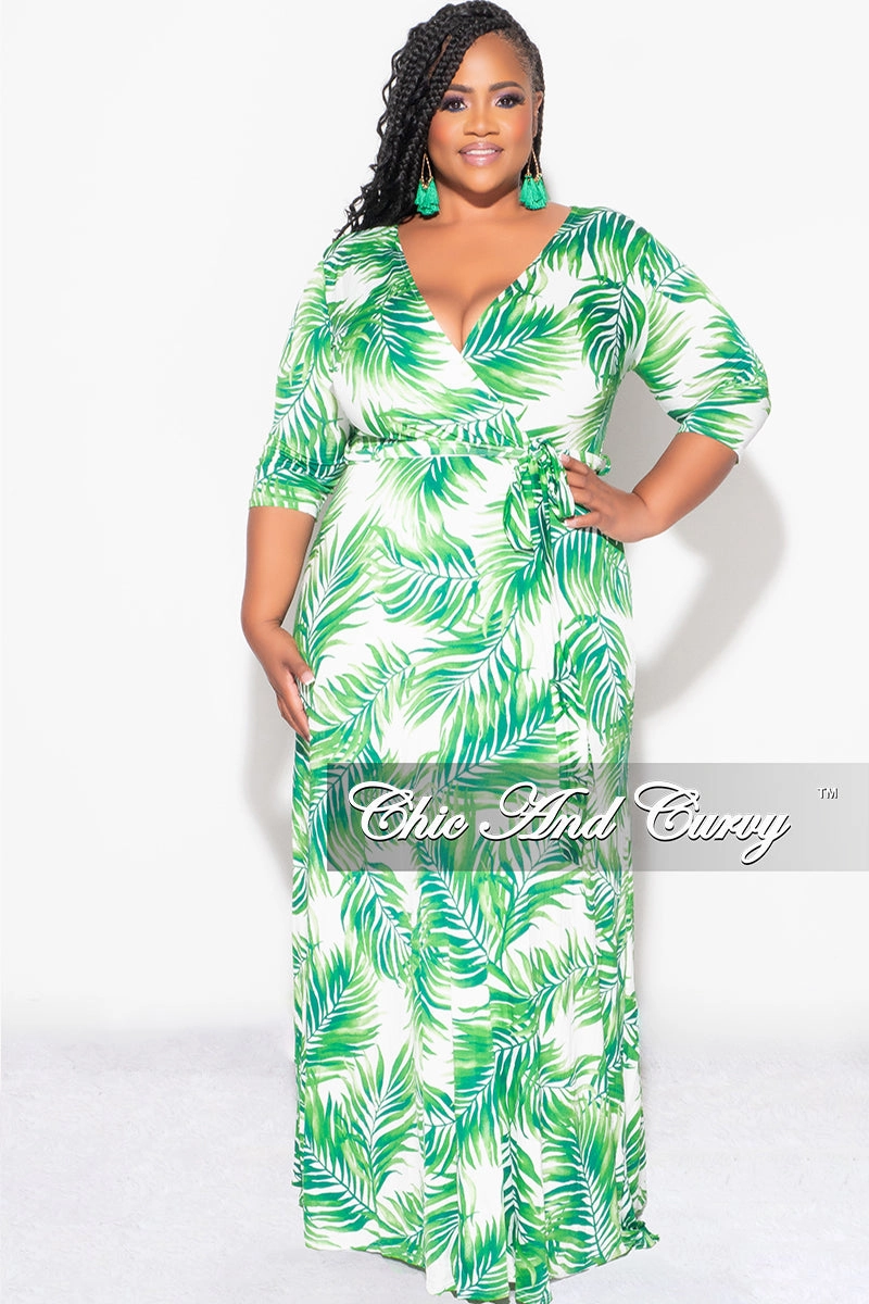 Comfort Cushioning Body Sculpting Final Sale Plus Size Faux Wrap Dress in White and Green Palm Print