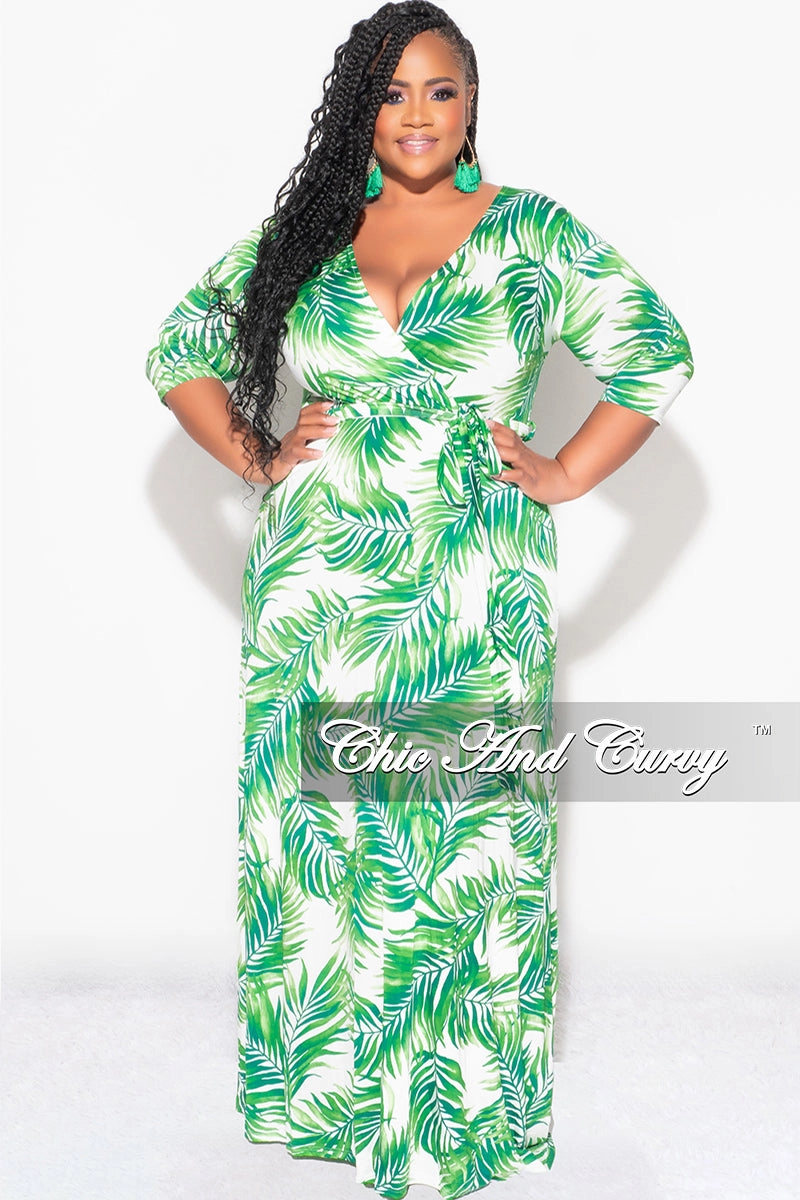 Final Sale Plus Size Faux Wrap Dress in White and Green Palm Print Casual Comfort Quick Release Buckle