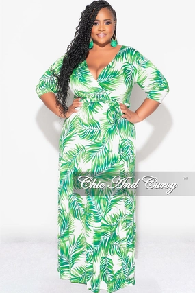 Final Sale Plus Size Faux Wrap Dress in White and Green Palm Print Casual Comfort Quick Release Buckle