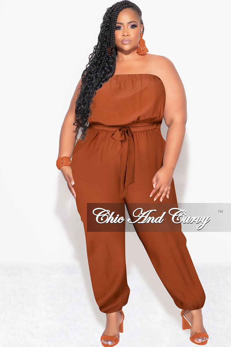 quick dry Final Sale Plus Size Strapless Jumpsuit with Tie in Cognac