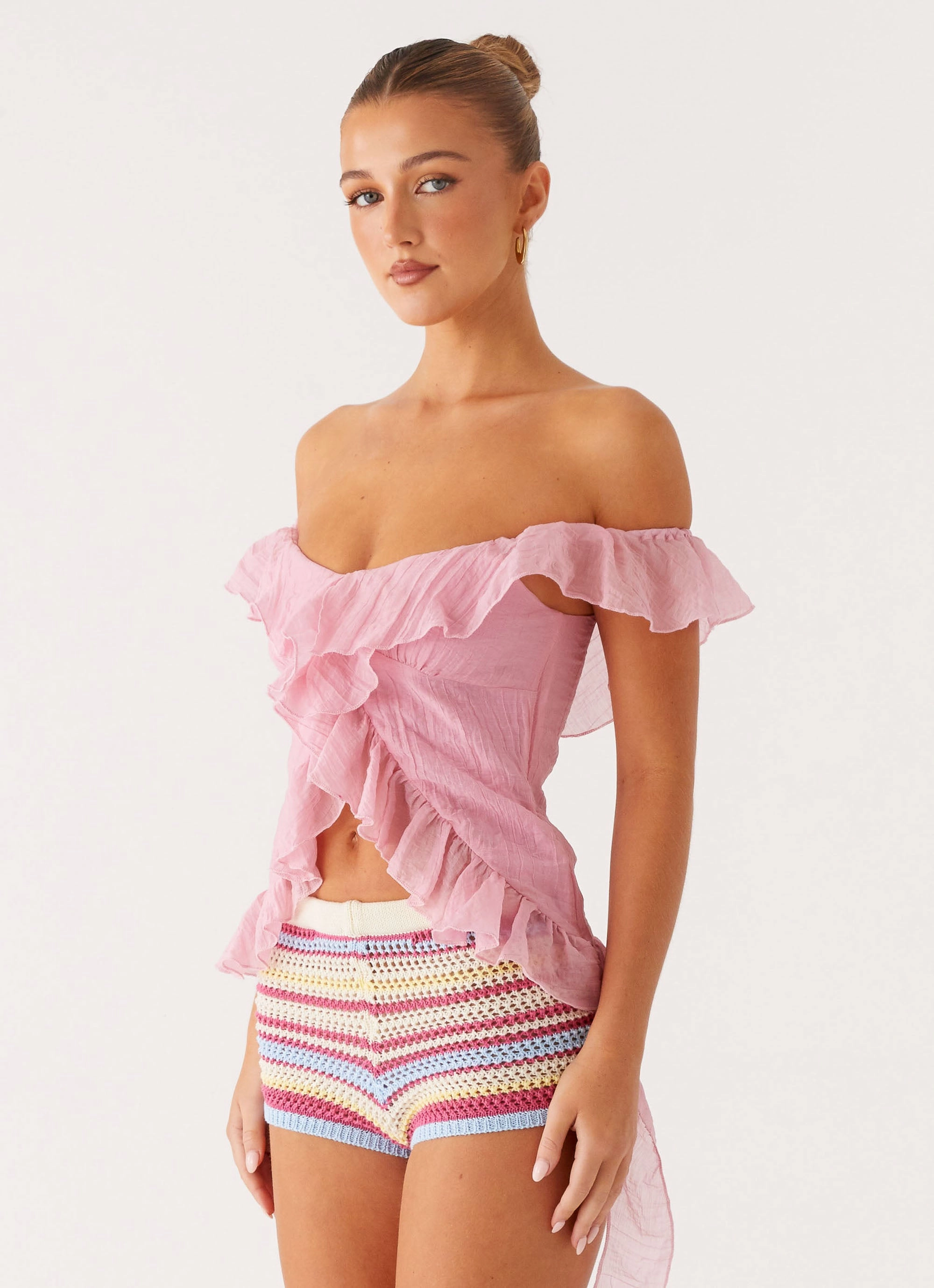 Dylan Off Shoulder Top - Pink Ribbed Trim Warm Fabric