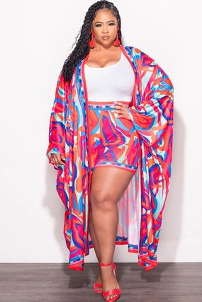 Final Sale Plus Size 2pc Set Duster & Shorts in Pink & Orange Mixed Print Wind Resistance Sporty Comfort
