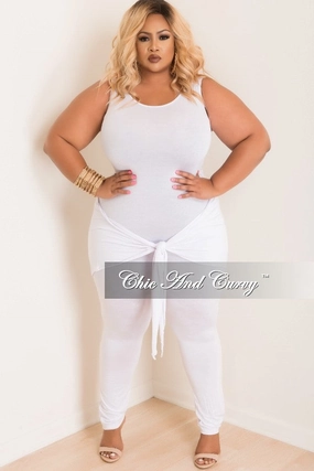 ReflectiveTrim No Ride-Up Final Sale Plus Size Jumpsuit with Attached Tie in White