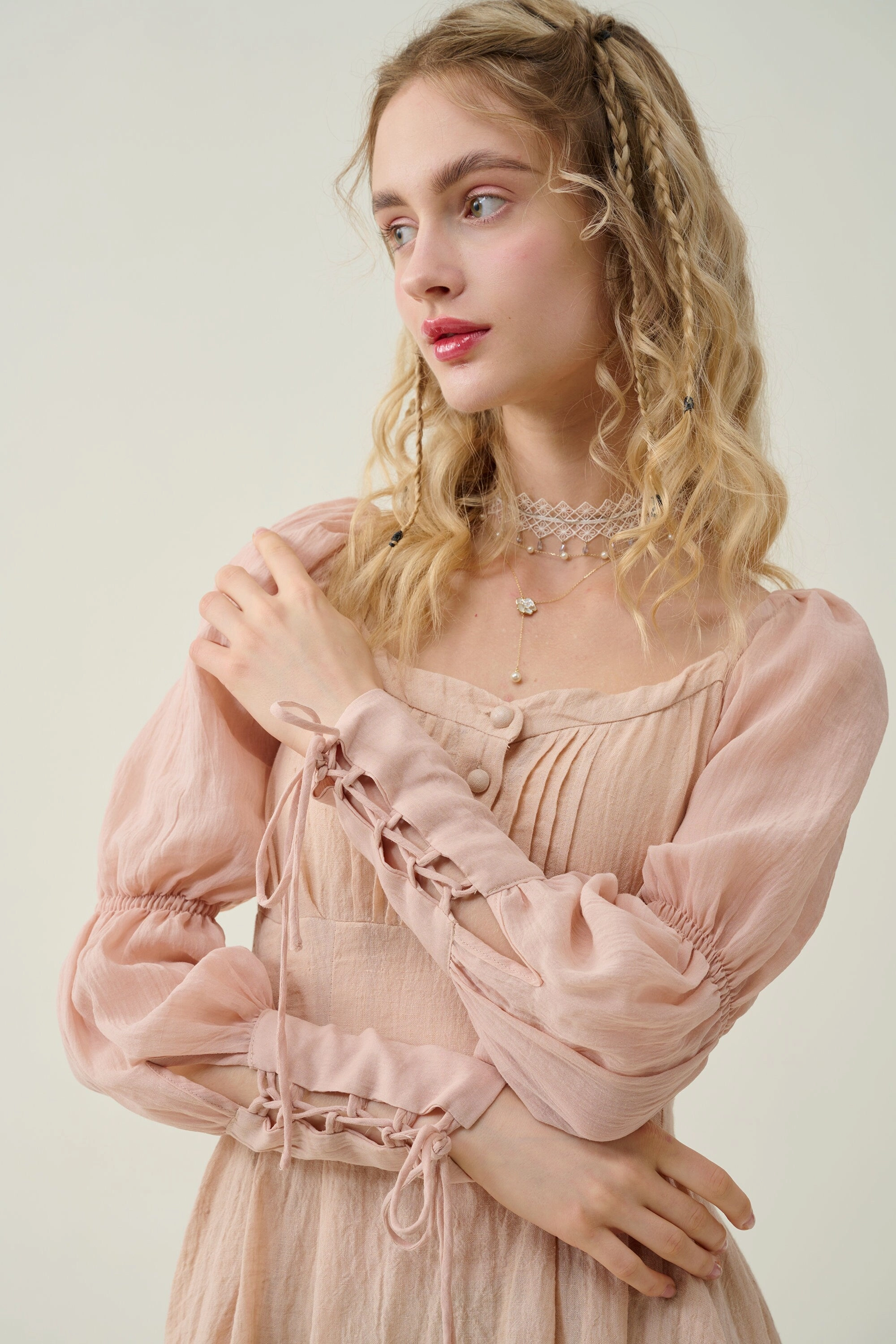 Recycled Polyester Blend Core Stretch Sakura 21 | Lace-up maxi linen dress