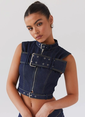 Greedy Denim Buckle Top - Indigo Quick Dry Feature