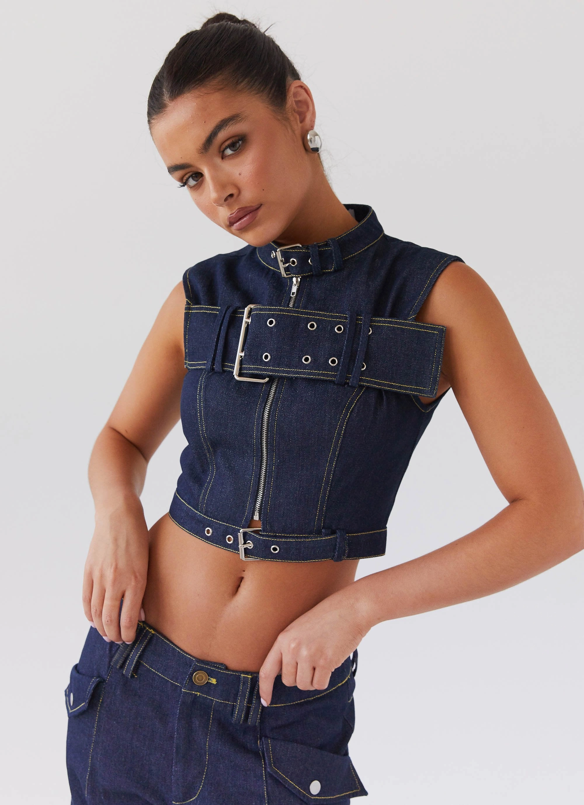 AntiStatic Material Greedy Denim Buckle Top - Indigo