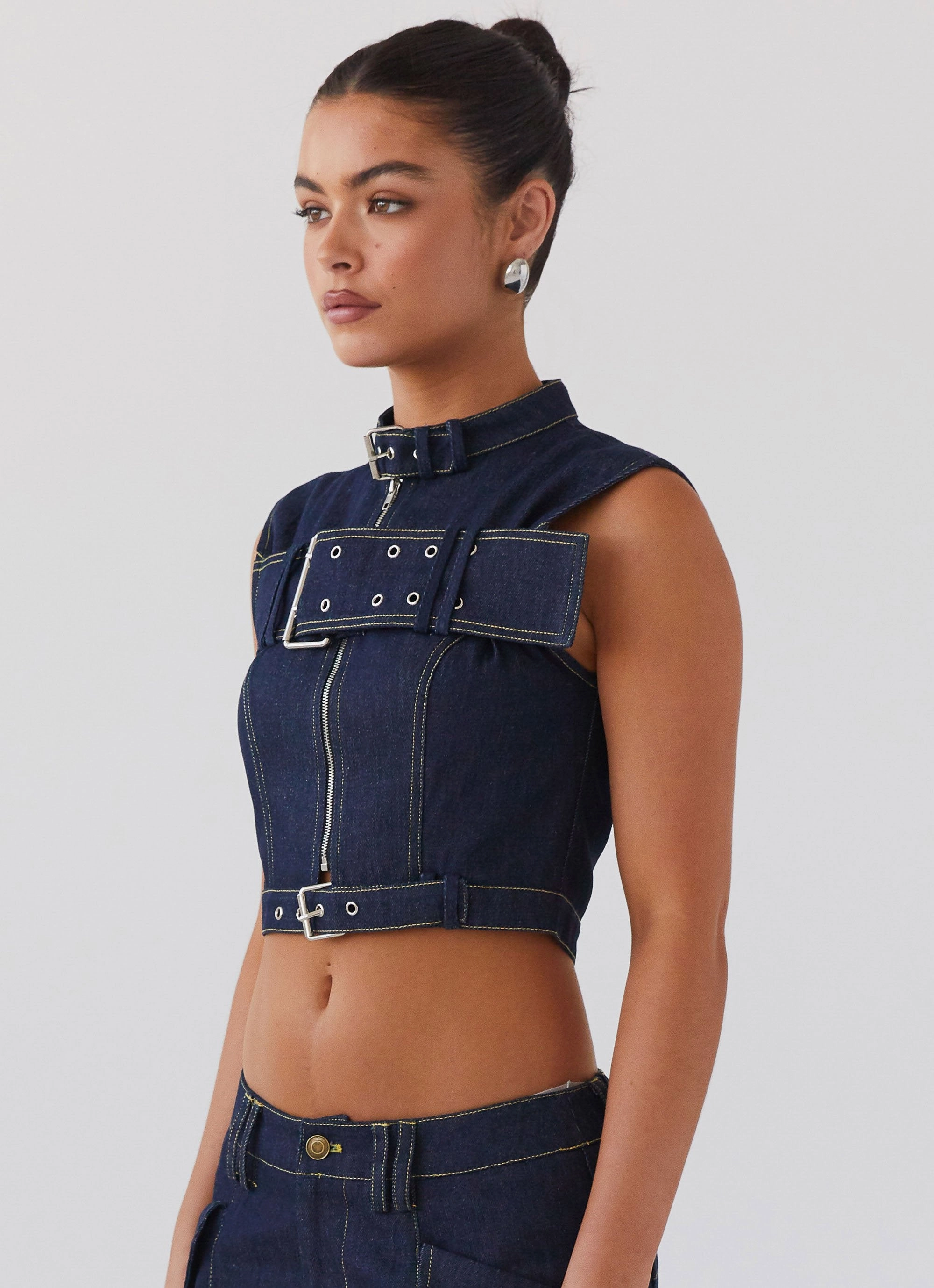 Greedy Denim Buckle Top - Indigo Yarn Dyed Fabric