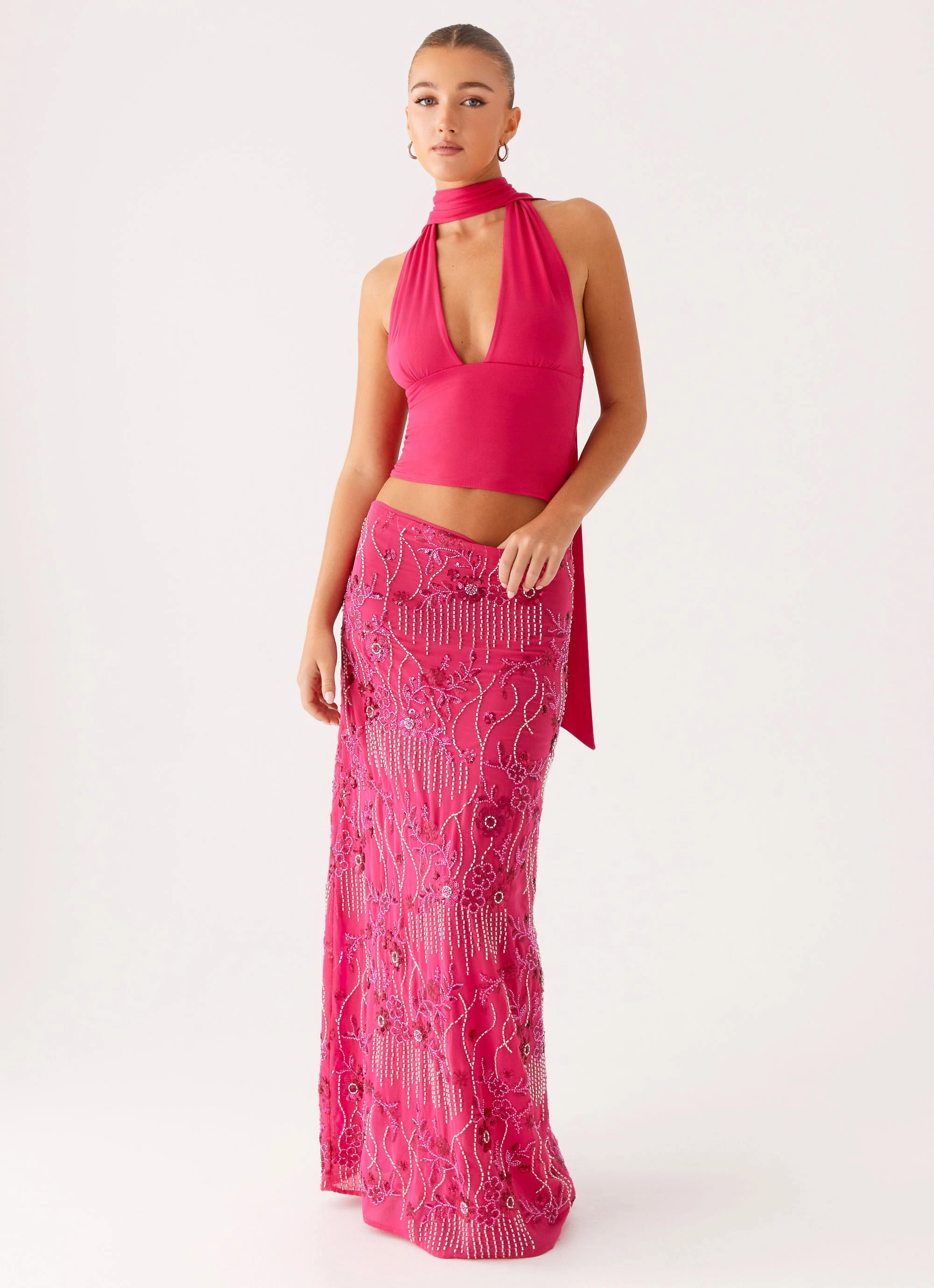 Corinna Low Rise Sequin Maxi Skirt - Fuchsia All Day Comfort Fit
