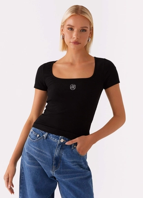 Signature Monogram Square Neck Top - Black Snag Proof Weave High Stretch Fabric
