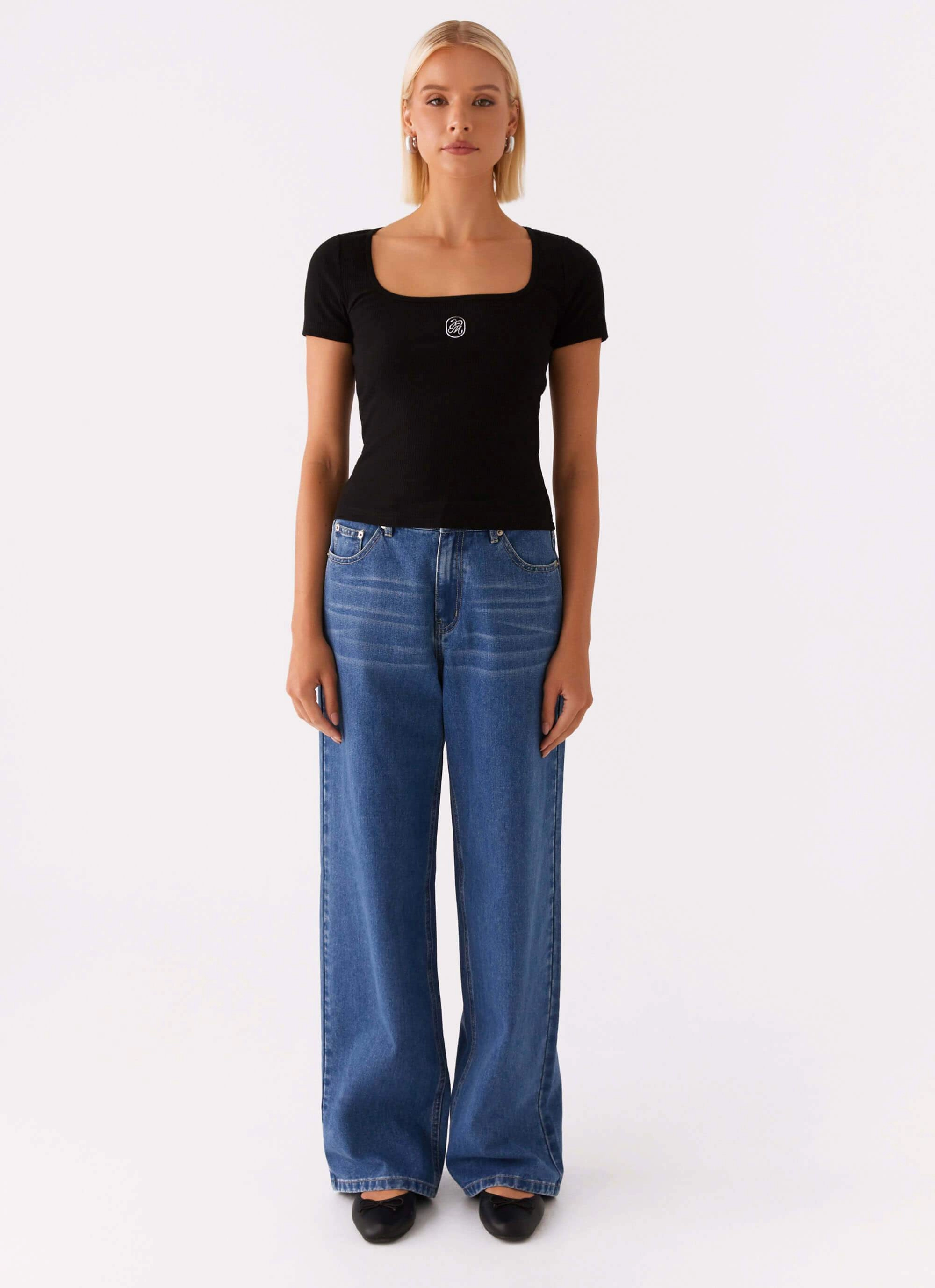 Fashionable Shirt Signature Monogram Square Neck Top - Black